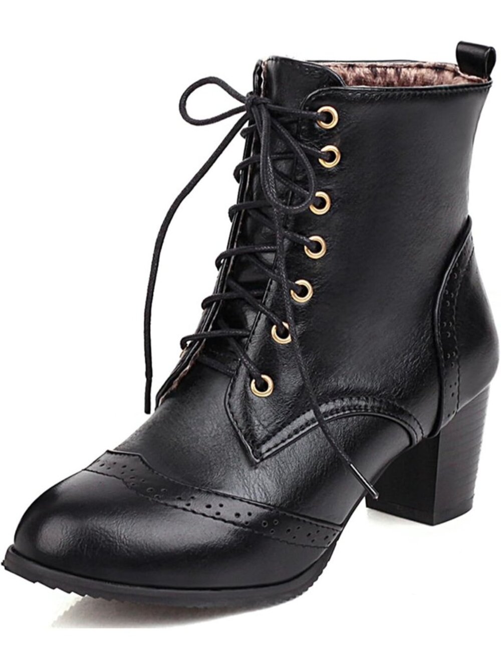 Women's Black Casual Brogue Lace Up Block Heel Round Toe Combat Ankle Boots